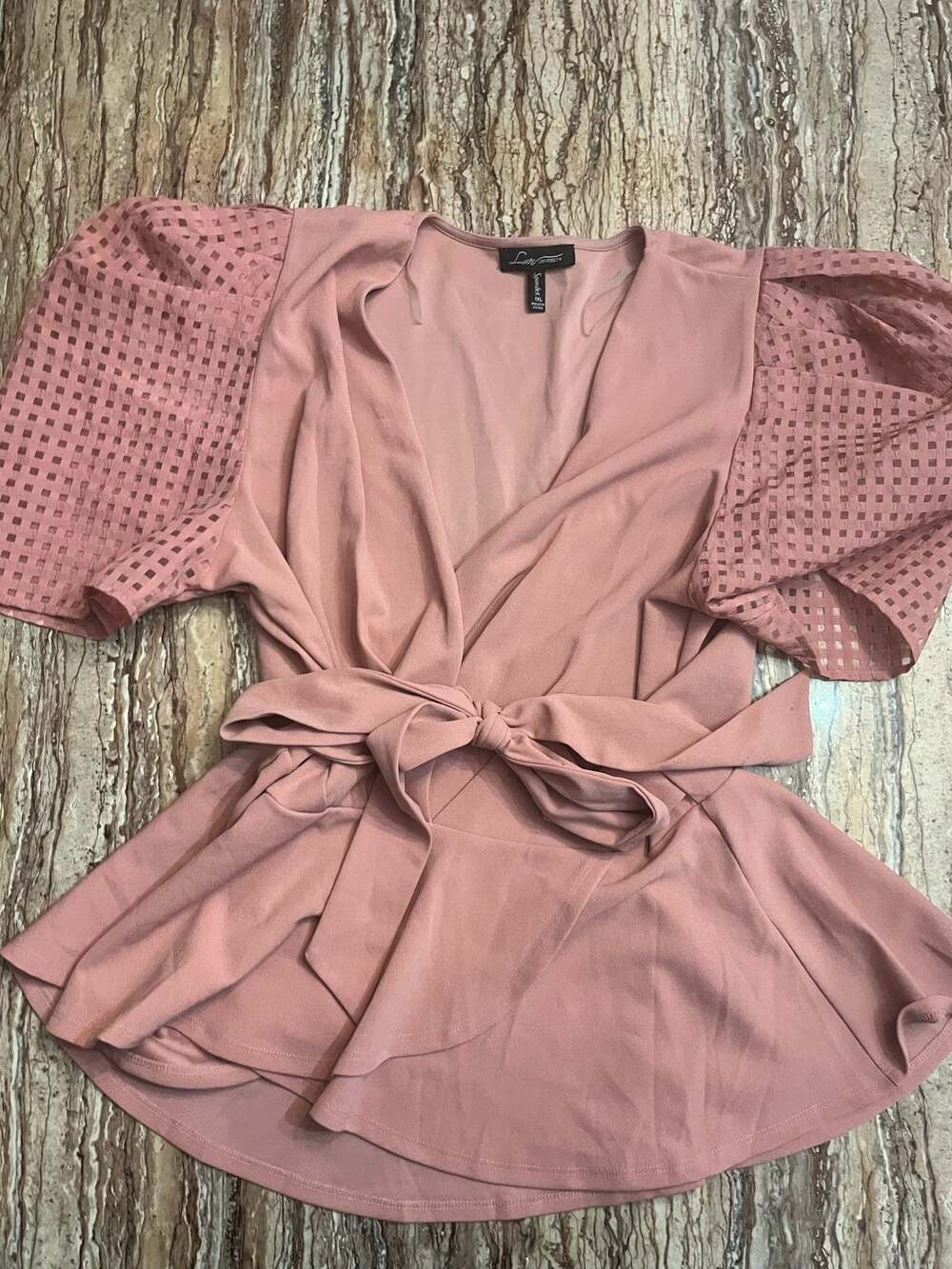 Love University Dusty Rose V-Neck w/ Sheer Grid Detail Sleeves @ Tie Waist 1XL